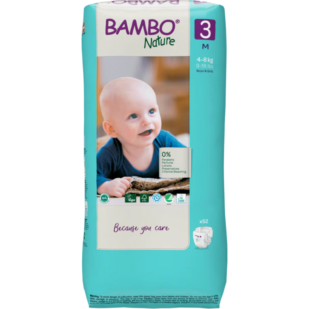 Bambo Nature Premium Baby Tape Diapers for Babies, Medium Size (4-8 Kgs), Super Absorbent, Breathable, Extra Soft, Dermatologically Tested, Hypoallergenic Infant Nappies With Wetness Indicator - 52 COUNTS