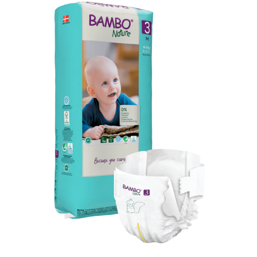 Bambo Nature Premium Baby Tape Diapers for Babies, Medium Size (4-8 Kgs), Super Absorbent, Breathable, Extra Soft, Dermatologically Tested, Hypoallergenic Infant Nappies With Wetness Indicator - 52 COUNTS