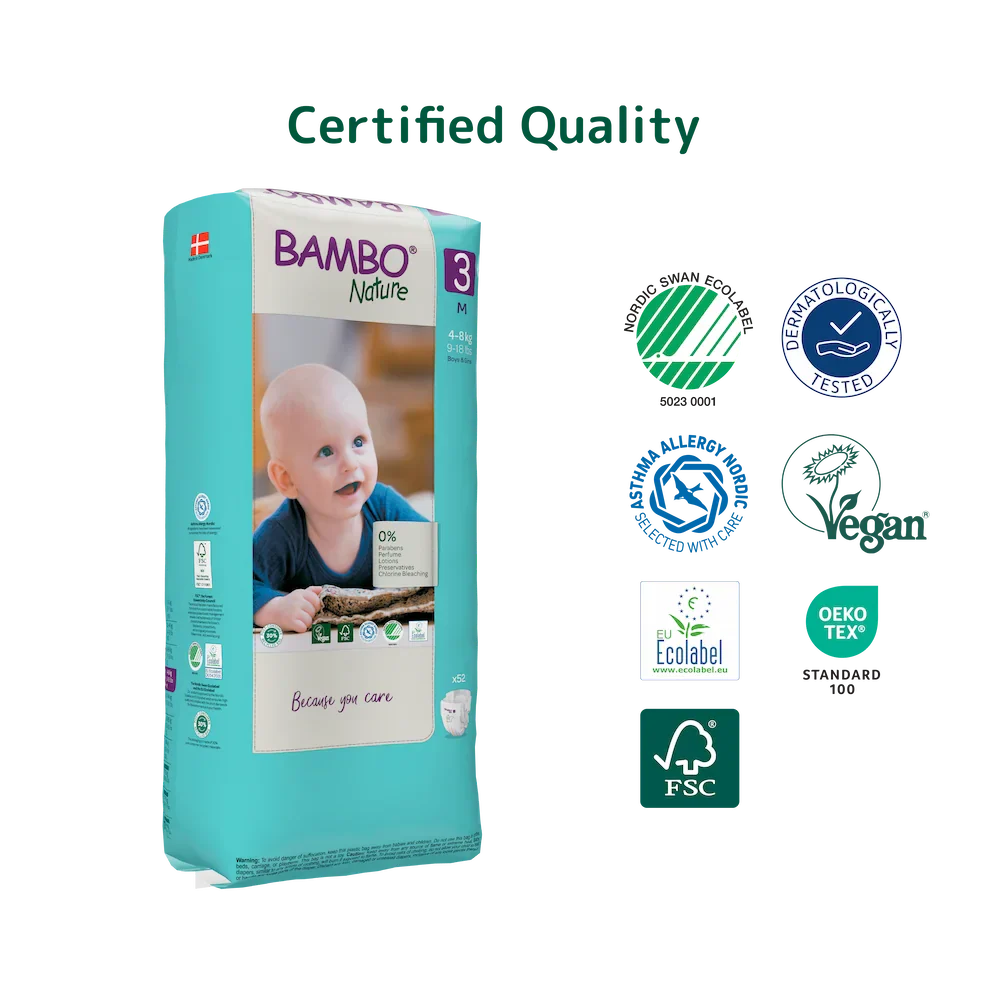 Bambo Nature Premium Baby Tape Diapers for Babies, Medium Size (4-8 Kgs), Super Absorbent, Breathable, Extra Soft, Dermatologically Tested, Hypoallergenic Infant Nappies With Wetness Indicator - 52 COUNTS