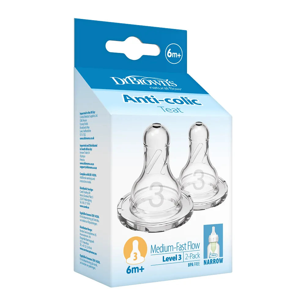 Dr. Brown's Natural Flow Narrow Baby Bottle Silicone Level 3 Nipple, 2-Pack SKU: 332-INA