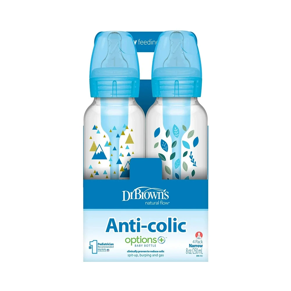 Dr. Brown's Natural Flow Anti-Colic Options+ Narrow Baby Bottle, 8 oz/250 ml, Blue Nature, 4-Pack