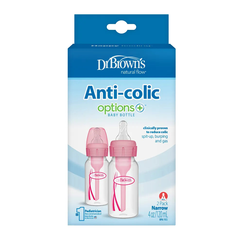 Dr. Brown's Natural Flow Anti-Colic Options+ Narrow Baby Bottle, 4 oz/120 ml, Pink, 2-Pack SKU: SB42305-INA