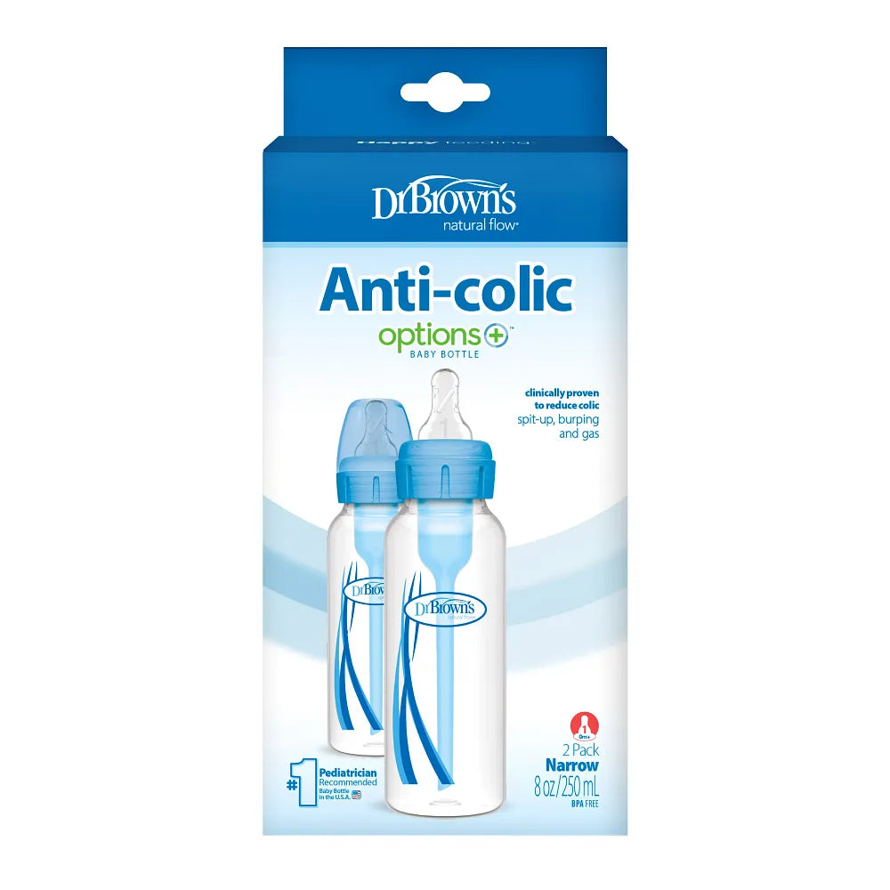 Dr. Brown's Natural Flow Anti-Colic Options+ Narrow Baby Bottle, 8 oz/250 ml, Blue, 2-Pack