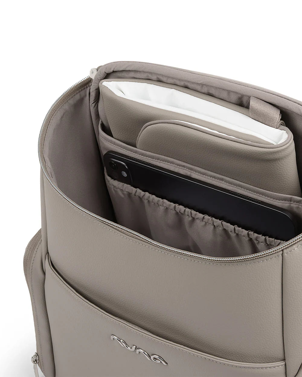 Nuna Essential Diaper Bag-Backpack-Changing Pad With Magnetic Closure-Removable Toiletry Pouch-Back Pocket Unzips Into Trolley Sleeve-Taupe