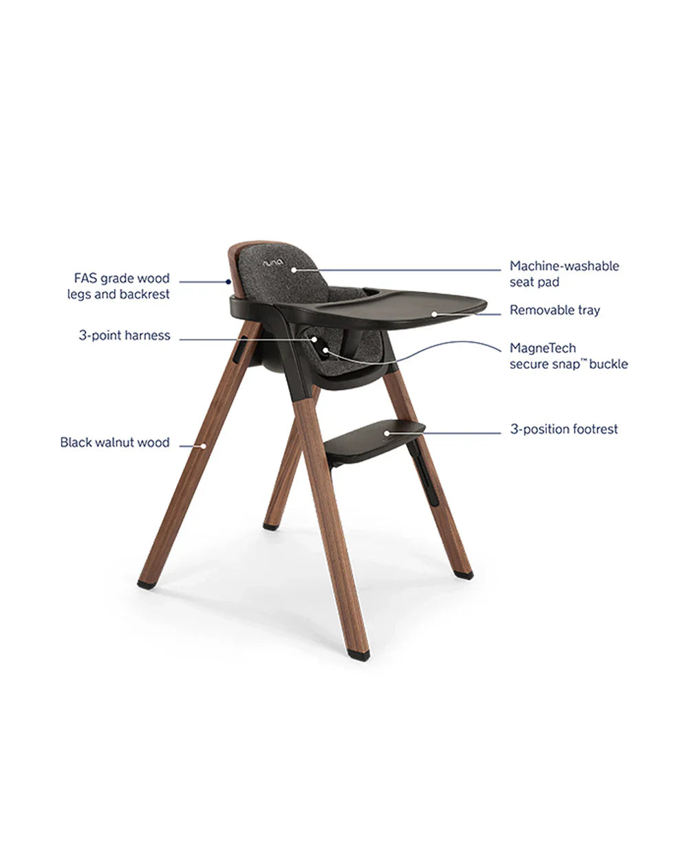 Nuna Bryn Baby High Chair-With Removable Seat Pad & Child Tray-Tool Free Assembly-Made From Premium Black Walnut & Maple Woods-For 6M+ (Upto 100 Kg)-Sanderson