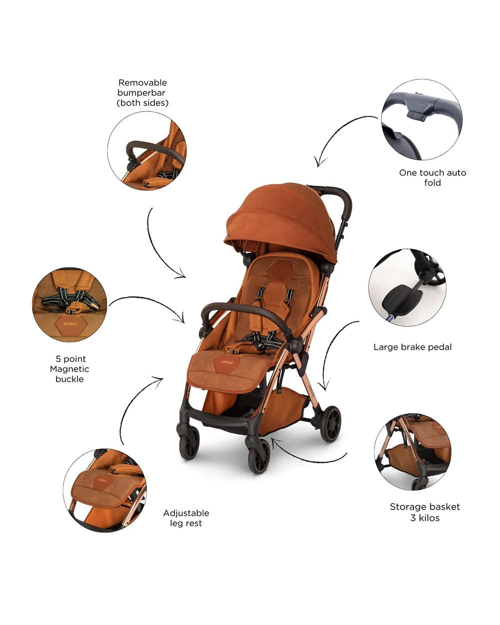 Leclerc Hexagon Cabin Friendly Stroller-One Touch Fold-2 Years Warranty-For 6M to 5Y (Upto 22Kg)-Heritage Sport