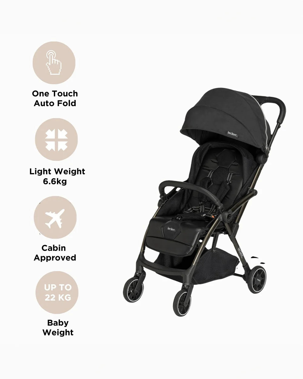 Leclerc Hexagon Cabin Friendly Stroller-One Touch Fold-2 Years Warranty-For 6M to 5Y (Upto 22Kg)-Black