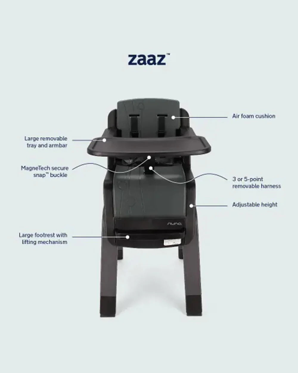 Nuna Zaaz Baby High Chair-Air Foam Cushion-Height Adjustable-Easily Removable Tray, Arm Bar & Footrest-For 0M+ (Upto 100Kg)-Pewter