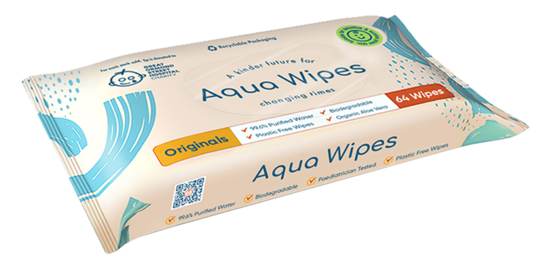 Aqua Wipes Baby Wipes 64 Wipe Packs 100% Biodegradable, Plastic Free Wipes, 99.6% Purified Water, Newborn Wipes, Vegan, Paraben and Perfume Free, NHS Approved