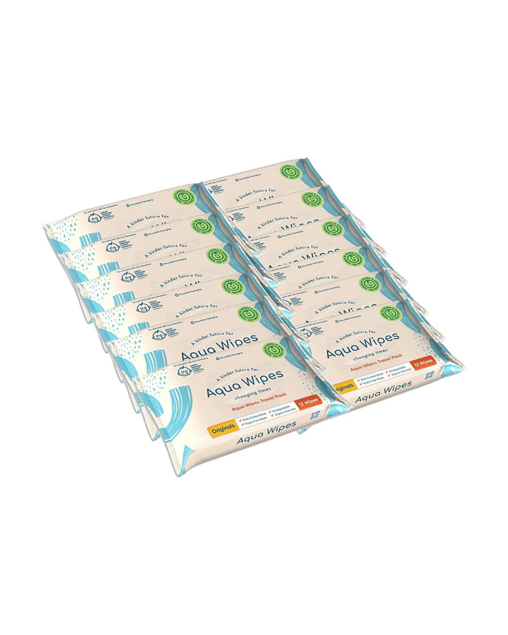 Aqua Wipes Originals (Travel Size) Baby Wipes - Biodegradable Wipes - 99.6% Purified Water Paediatrician Tested – Plastic Free Wipes with Organic Aloe Vera Extract - 4 Packs, 12 Wipes per Pack