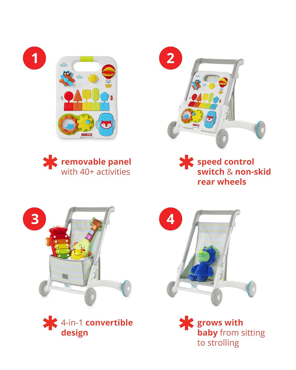 Skip Hop Musical Activity Walker-4 in 1 Convertible-Anti-Skid-40+ Play Features-6M+