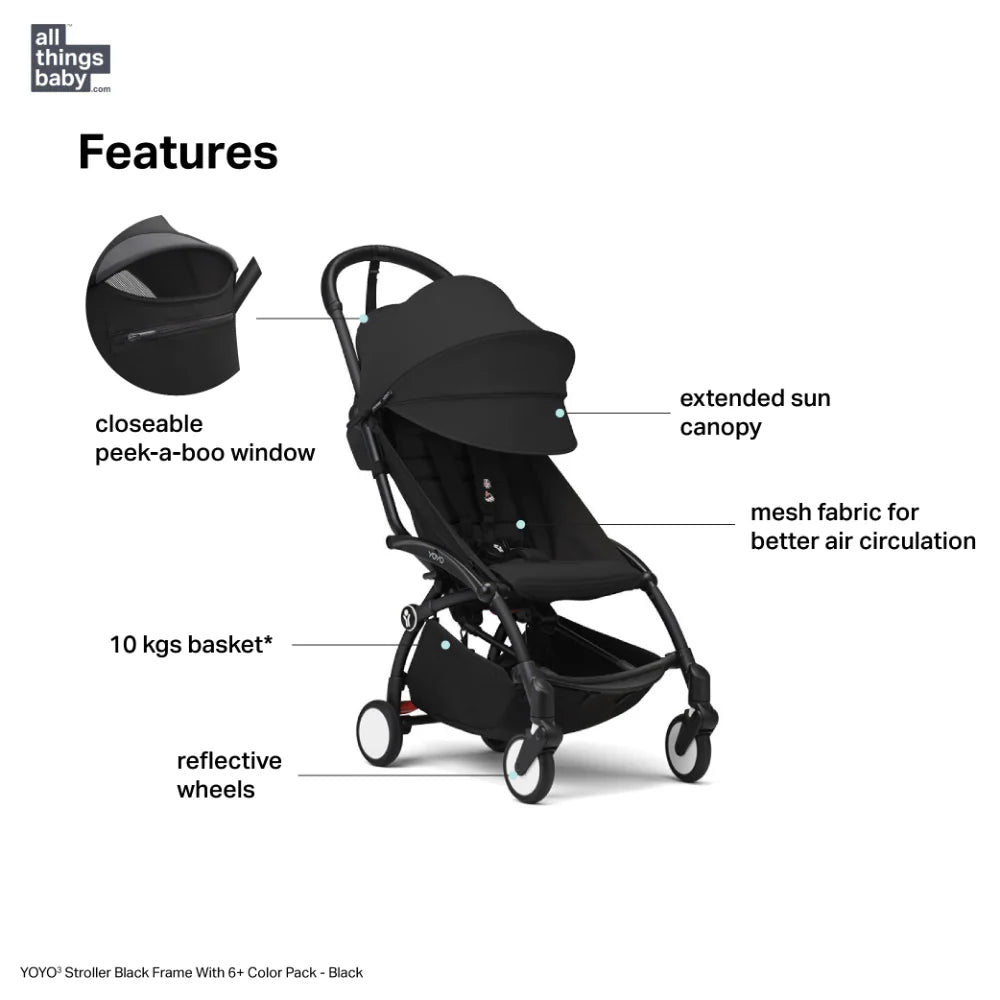 Stokke YOYO³ Stroller – Black Frame & 6 Months+ Color Pack – Lightweight, Compact, Foldable & Travel Friendly Stoller with Padded Seat & Canopy with Viewing Window, UPF 50 Months+ Sun Protection, Stroller for Babies from 6 Months to 4 Years-Black