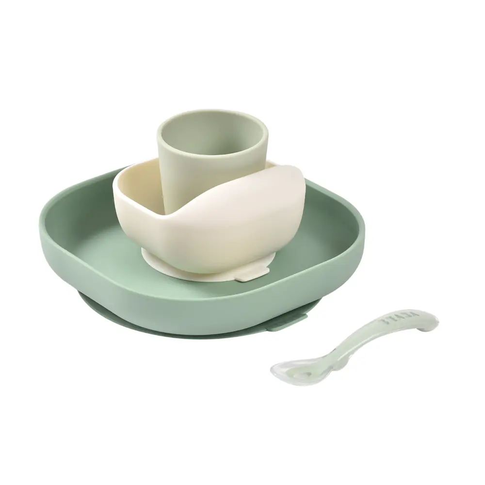 Beaba Silicone 4 Piece Baby Meal Set – Suction Plate, Suction Bowl, Anti-Slip Cup & 2nd Stage Spoon, Non-Slip, Unbreakable, Ergonomic Design, Easy to Clean, BPA-Free Baby Feeding Set for Mess-Free Mealtime Essentials, 4M+ - Sage Green