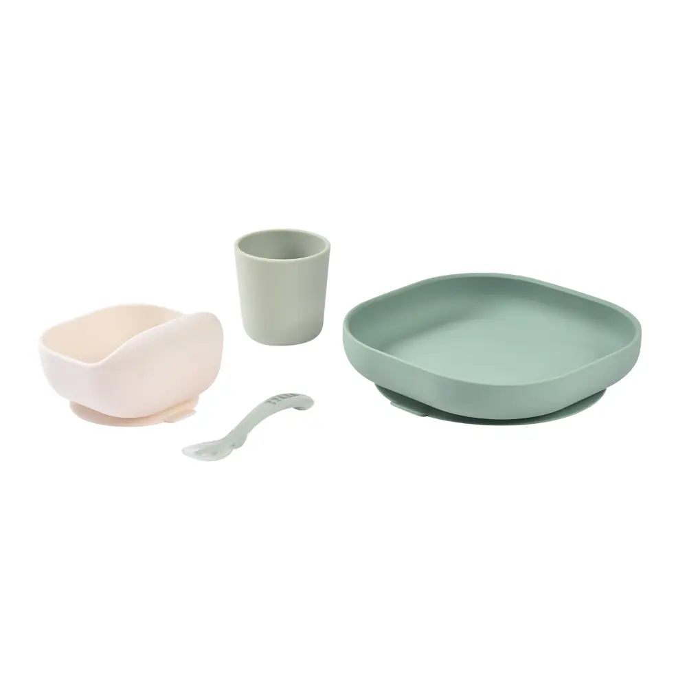 Beaba Silicone 4 Piece Baby Meal Set – Suction Plate, Suction Bowl, Anti-Slip Cup & 2nd Stage Spoon, Non-Slip, Unbreakable, Ergonomic Design, Easy to Clean, BPA-Free Baby Feeding Set for Mess-Free Mealtime Essentials, 4M+ - Sage Green