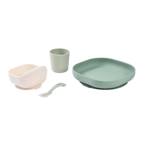 Beaba Silicone 4 Piece Baby Meal Set – Suction Plate, Suction Bowl, Anti-Slip Cup & 2nd Stage Spoon, Non-Slip, Unbreakable, Ergonomic Design, Easy to Clean, BPA-Free Baby Feeding Set for Mess-Free Mealtime Essentials, 4M+ - Sage Green