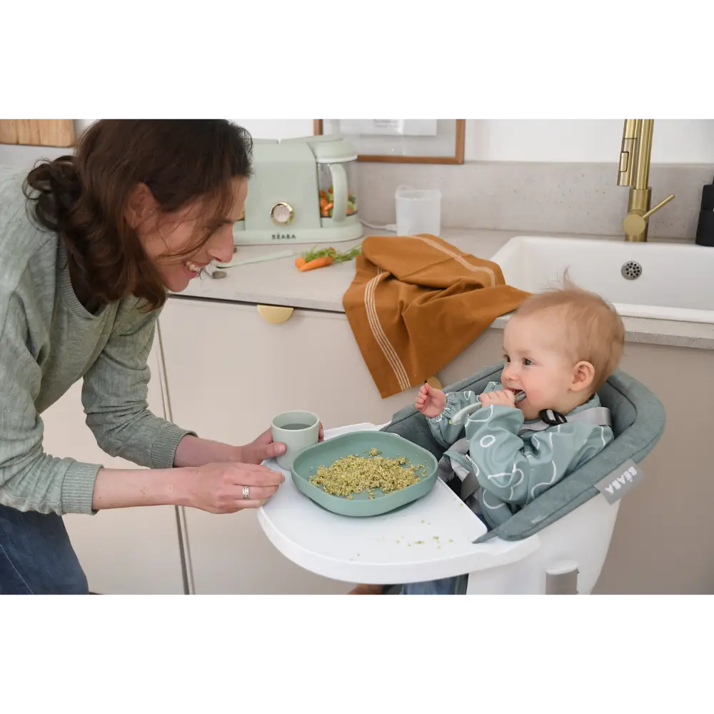 Beaba Silicone 4 Piece Baby Meal Set – Suction Plate, Suction Bowl, Anti-Slip Cup & 2nd Stage Spoon, Non-Slip, Unbreakable, Ergonomic Design, Easy to Clean, BPA-Free Baby Feeding Set for Mess-Free Mealtime Essentials, 4M+ - Sage Green
