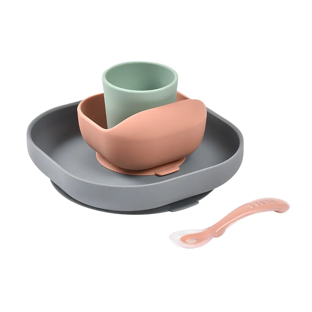 Beaba Silicone 4 Piece Baby Meal Set – Suction Plate, Suction Bowl, Anti-Slip Cup & 2nd Stage Spoon, Non-Slip, Unbreakable, Ergonomic Design, Easy to Clean, BPA-Free Baby Feeding Set for Mess-Free Mealtime Essentials, 4M+ - Mineral
