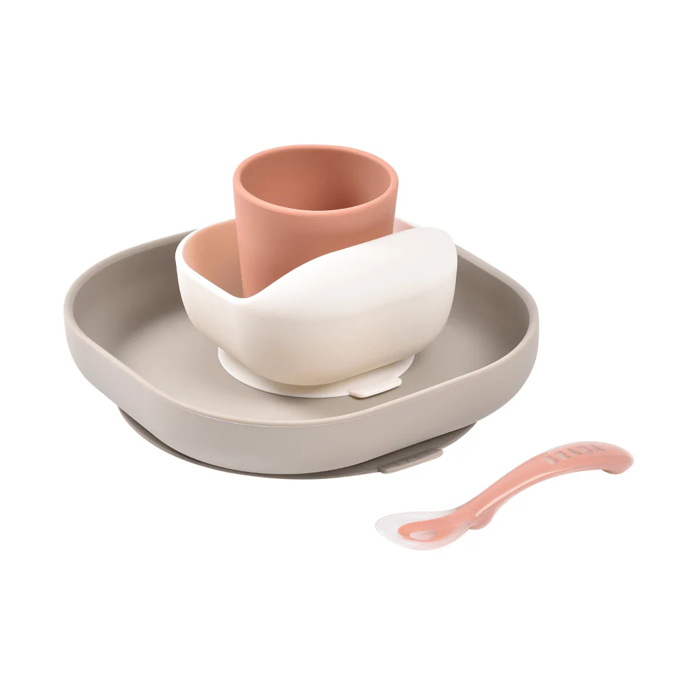 Beaba Silicone 4 Piece Baby Meal Set – Suction Plate, Suction Bowl, Anti-Slip Cup & 2nd Stage Spoon, Non-Slip, Unbreakable, Ergonomic Design, Easy to Clean, BPA-Free Baby Feeding Set for Mess-Free Mealtime Essentials, 4M+ - Terracotta