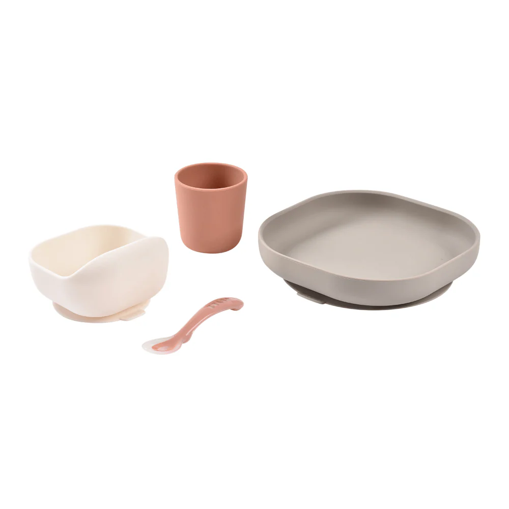 Beaba Silicone 4 Piece Baby Meal Set – Suction Plate, Suction Bowl, Anti-Slip Cup & 2nd Stage Spoon, Non-Slip, Unbreakable, Ergonomic Design, Easy to Clean, BPA-Free Baby Feeding Set for Mess-Free Mealtime Essentials, 4M+ - Terracotta