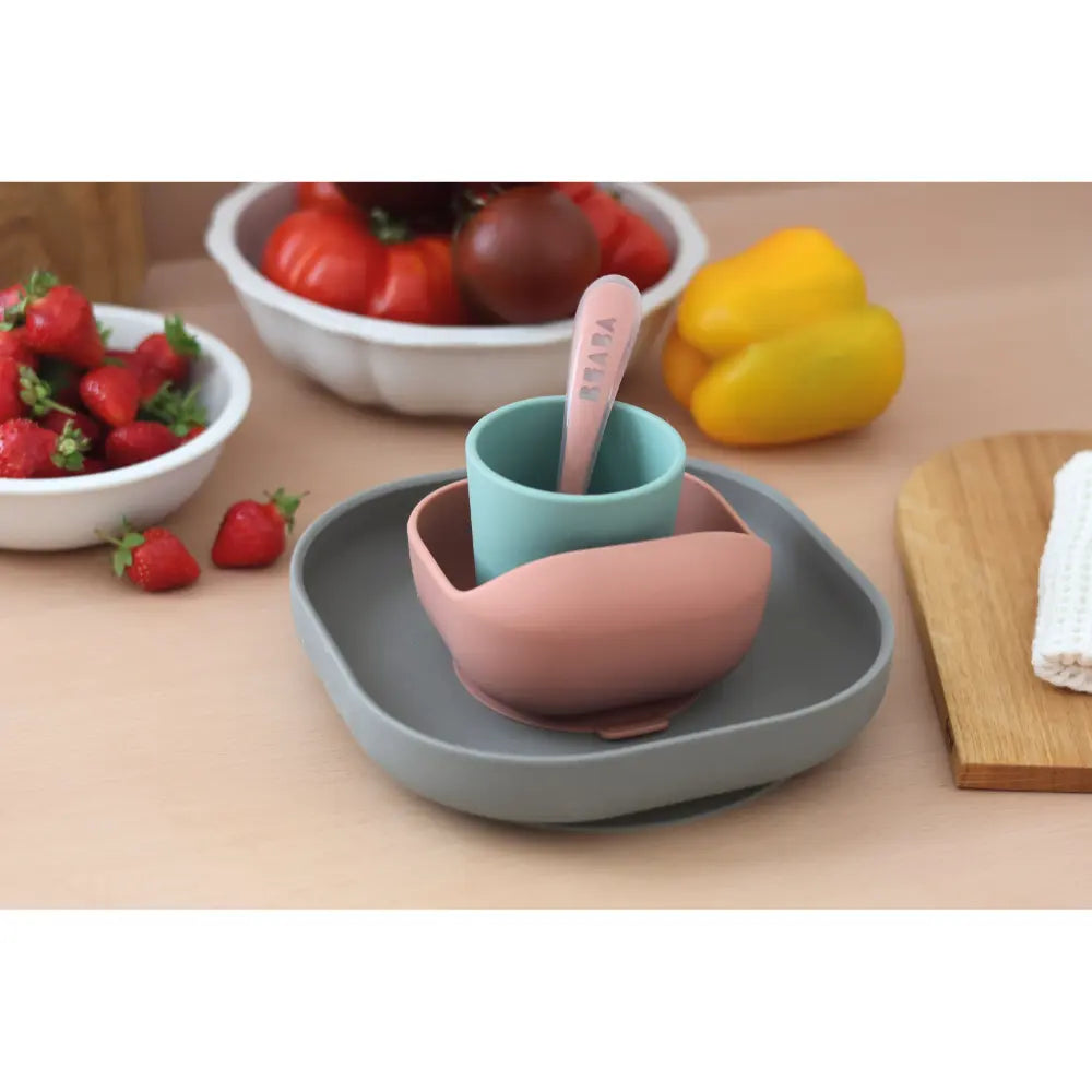 Beaba Silicone 4 Piece Baby Meal Set – Suction Plate, Suction Bowl, Anti-Slip Cup & 2nd Stage Spoon, Non-Slip, Unbreakable, Ergonomic Design, Easy to Clean, BPA-Free Baby Feeding Set for Mess-Free Mealtime Essentials, 4M+ - Mineral