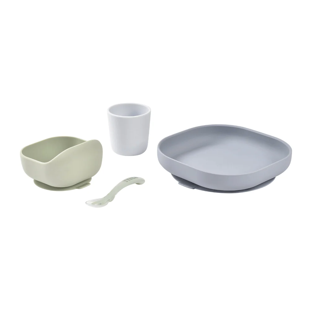Beaba Silicone 4 Piece Baby Meal Set – Suction Plate, Suction Bowl, Anti-Slip Cup & 2nd Stage Spoon, Non-Slip, Unbreakable, Ergonomic Design, Easy to Clean, BPA-Free Baby Feeding Set for Mess-Free Mealtime Essentials, 4M+ - Pebble