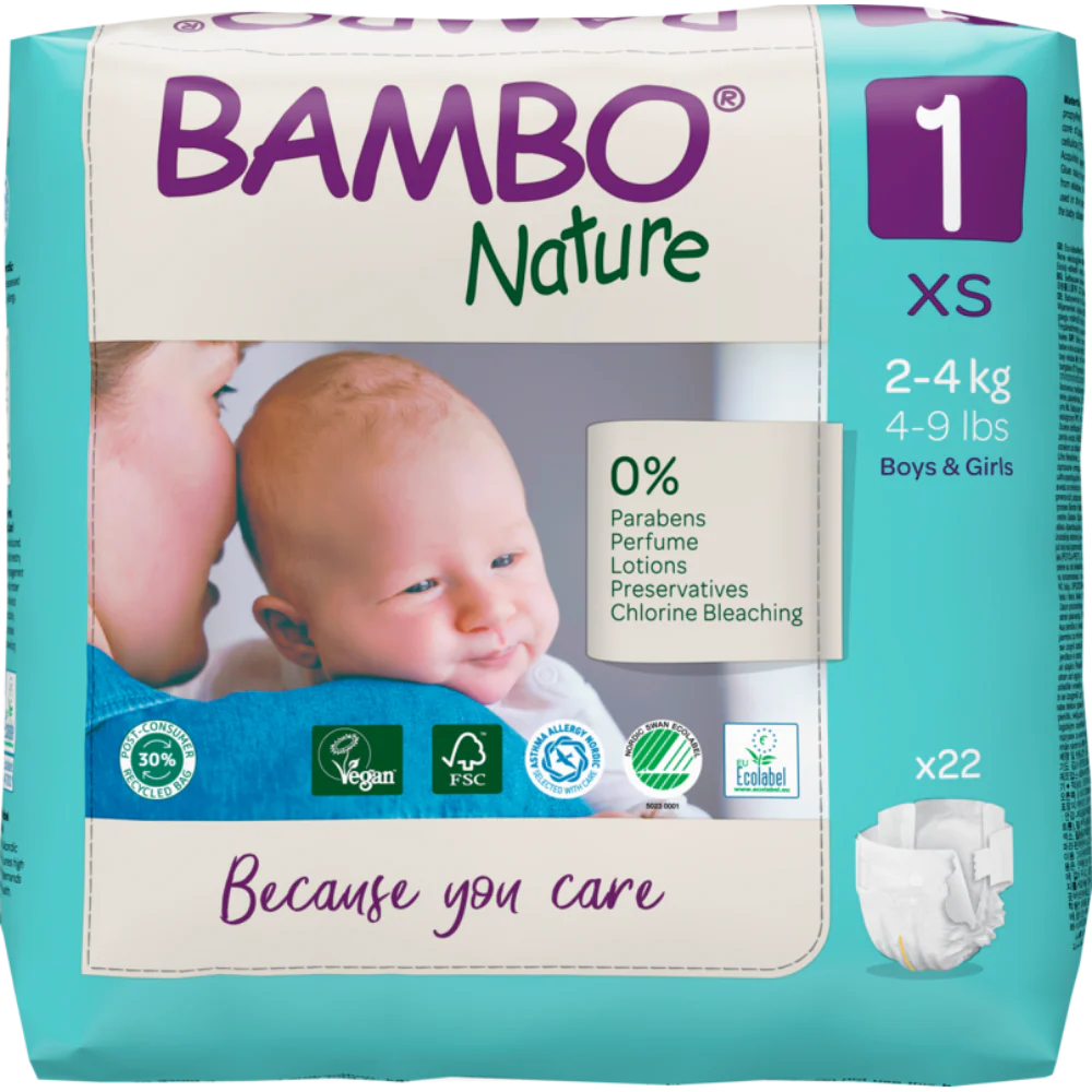Bambo Nature Premium Baby Tape Diapers for New Born Baby, XS Size (2-4 Kgs) - Super Absorbent, Breathable, Extra Soft, Dermatologically Tested, Hypoallergenic Nappies With A Wetness Indicator, 22 Count