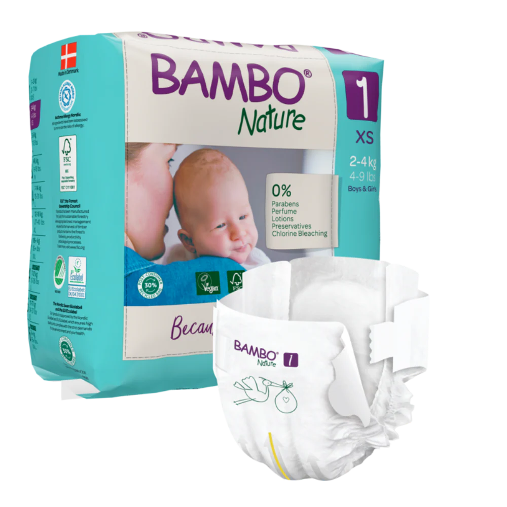 Bambo Nature Premium Baby Tape Diapers for New Born Baby, XS Size (2-4 Kgs) - Super Absorbent, Breathable, Extra Soft, Dermatologically Tested, Hypoallergenic Nappies With A Wetness Indicator, 22 Count
