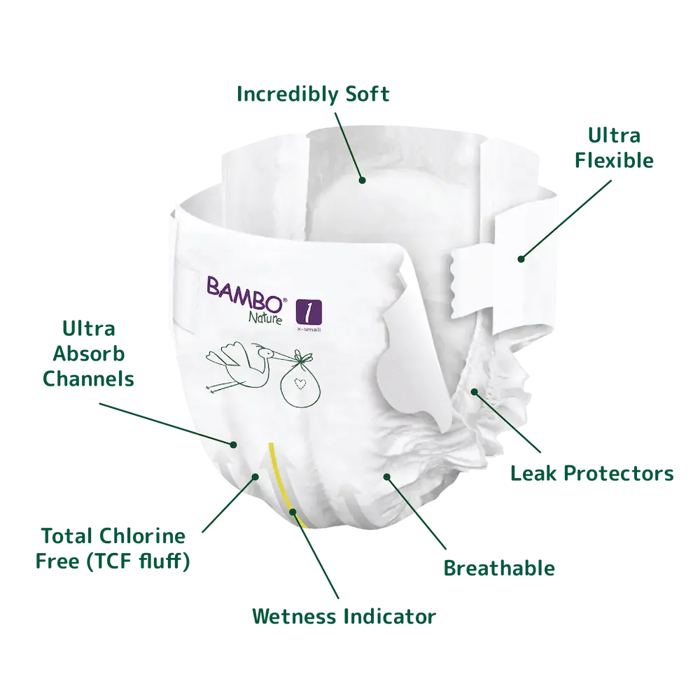 Bambo Nature Premium Baby Tape Diapers for New Born Baby, XS Size (2-4 Kgs) - Super Absorbent, Breathable, Extra Soft, Dermatologically Tested, Hypoallergenic Nappies With A Wetness Indicator, 22 Count
