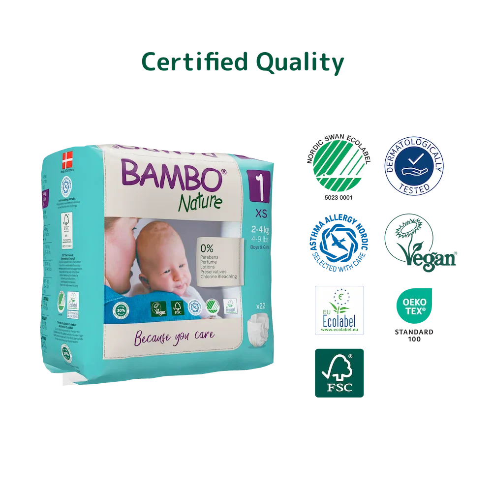 Bambo Nature Premium Baby Tape Diapers for New Born Baby, XS Size (2-4 Kgs) - Super Absorbent, Breathable, Extra Soft, Dermatologically Tested, Hypoallergenic Nappies With A Wetness Indicator, 22 Count