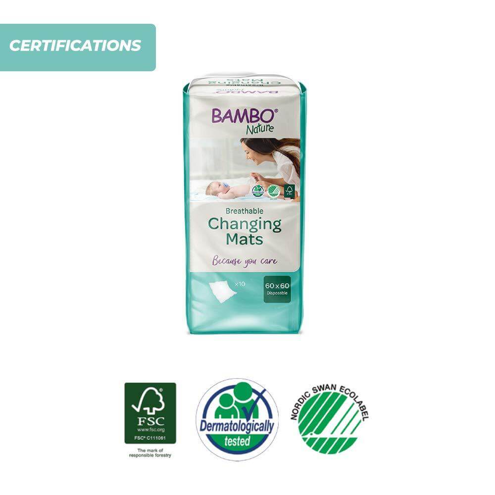 Bambo Nature Premium Baby Disposable Changing Mats, Ultra Soft For Comfort, Ultra Absorbent, Bed Wetting Leakage Protection, Skin Friendly, Dermatologically Approved, Absorbs Up to 1300ml, 60x60cm, Pack of 10