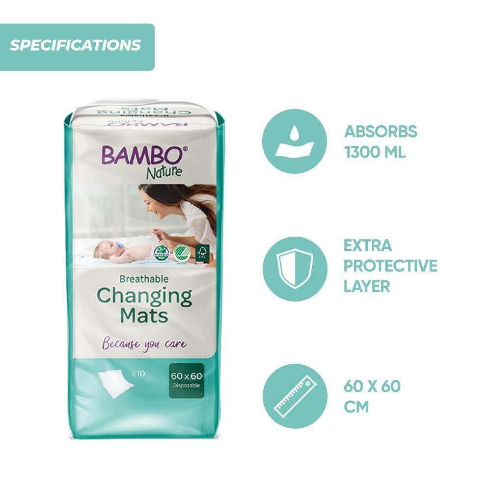 Bambo Nature Premium Baby Disposable Changing Mats, Ultra Soft For Comfort, Ultra Absorbent, Bed Wetting Leakage Protection, Skin Friendly, Dermatologically Approved, Absorbs Up to 1300ml, 60x60cm, Pack of 10