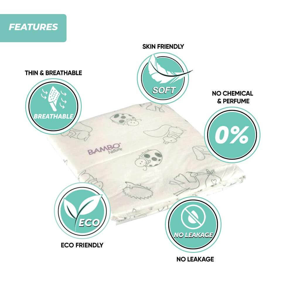 Bambo Nature Premium Baby Disposable Changing Mats, Ultra Soft For Comfort, Ultra Absorbent, Bed Wetting Leakage Protection, Skin Friendly, Dermatologically Approved, Absorbs Up to 1300ml, 60x60cm, Pack of 10