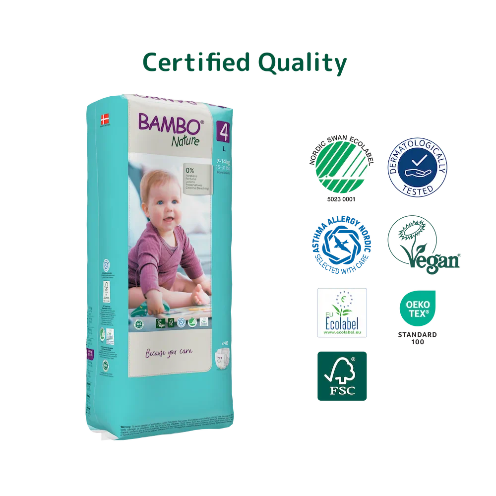 Bambo Nature Premium Baby Tape Diapers for Babies, Large Size (7-14 Kgs), Super Absorbent, Breathable, Extra Soft, Dermatologically Tested, Hypoallergenic Infant Nappies With Wetness Indicator 48counts