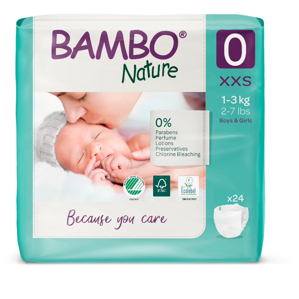 Bambo Nature Premium Baby Tape Diapers for Premature Babies, XXS Size (1-3 Kgs) - Super Absorbent, Breathable, Extra Soft, Dermatologically Tested, Hypoallergenic Nappies With Wetness Indicator, 24 Count