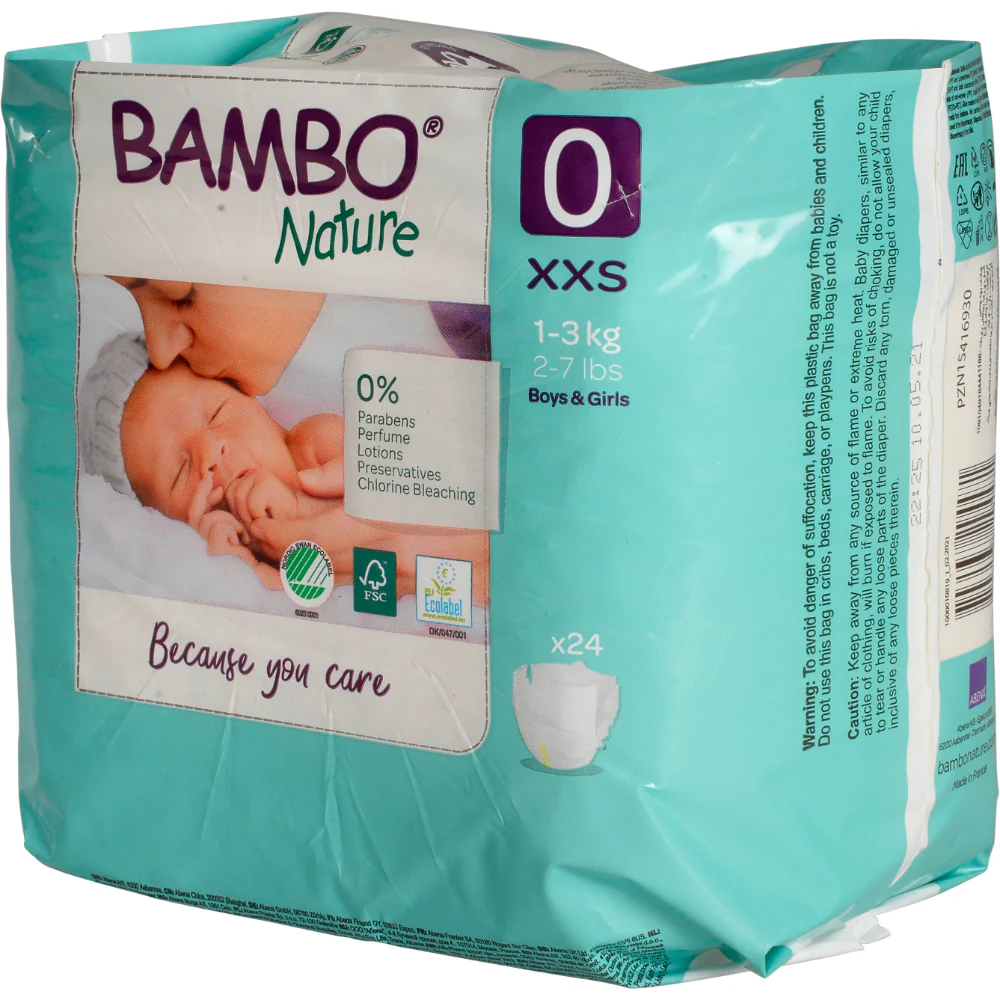 Bambo Nature Premium Baby Tape Diapers for Premature Babies, XXS Size (1-3 Kgs) - Super Absorbent, Breathable, Extra Soft, Dermatologically Tested, Hypoallergenic Nappies With Wetness Indicator, 24 Count