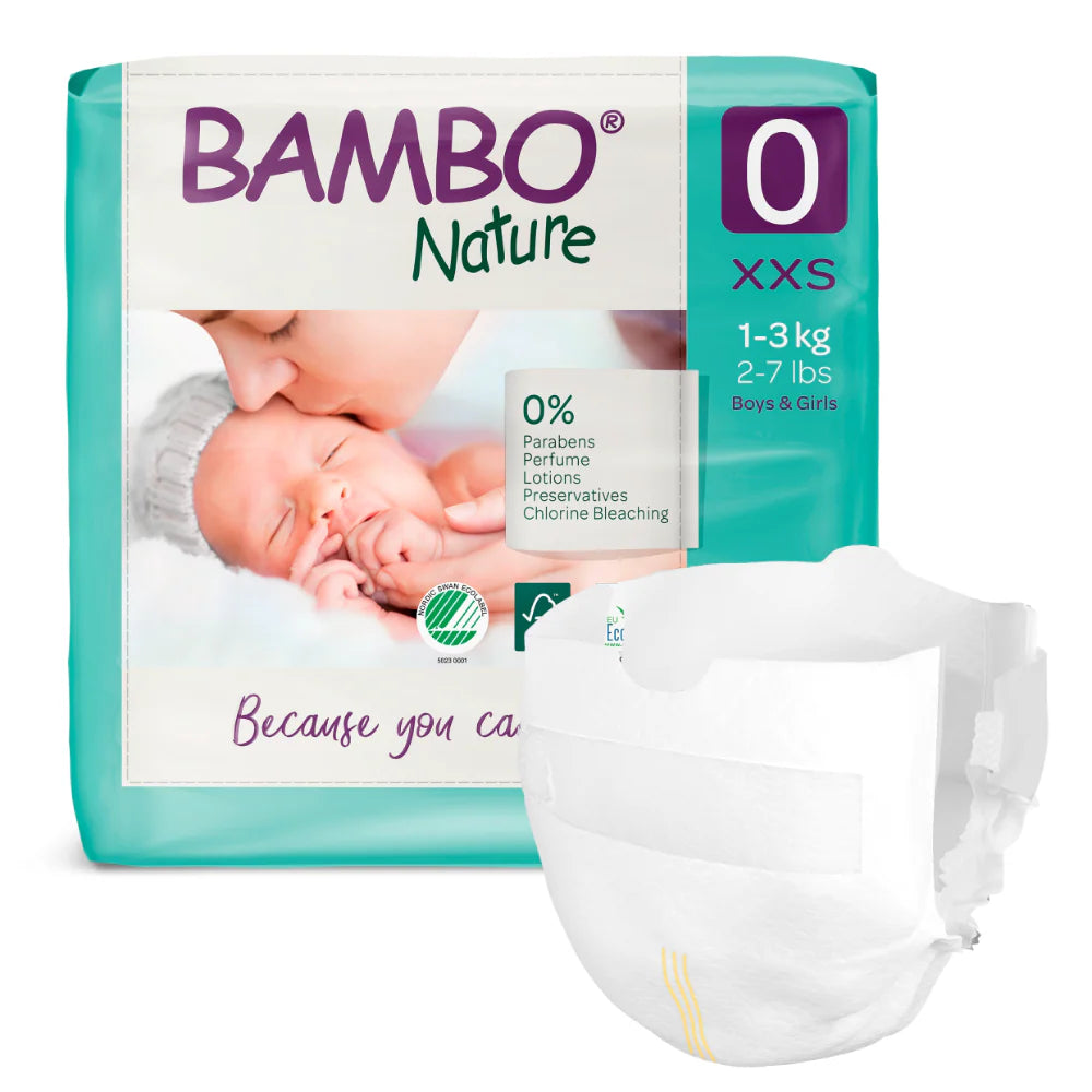Bambo Nature Premium Baby Tape Diapers for Premature Babies, XXS Size (1-3 Kgs) - Super Absorbent, Breathable, Extra Soft, Dermatologically Tested, Hypoallergenic Nappies With Wetness Indicator, 24 Count