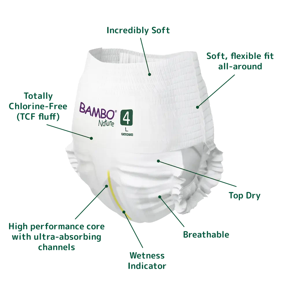Bambo Nature Premium Baby Pants Diapers for Babies, Large Size (7-12 Kgs), Super Absorbent, Breathable, Extra Soft, Dermatologically Tested, Hypoallergenic Infant Nappies With Wetness Indicator