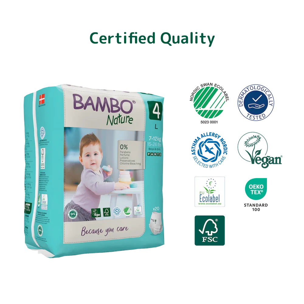 Bambo Nature Premium Baby Pants Diapers for Babies, Large Size (7-12 Kgs), Super Absorbent, Breathable, Extra Soft, Dermatologically Tested, Hypoallergenic Infant Nappies With Wetness Indicator