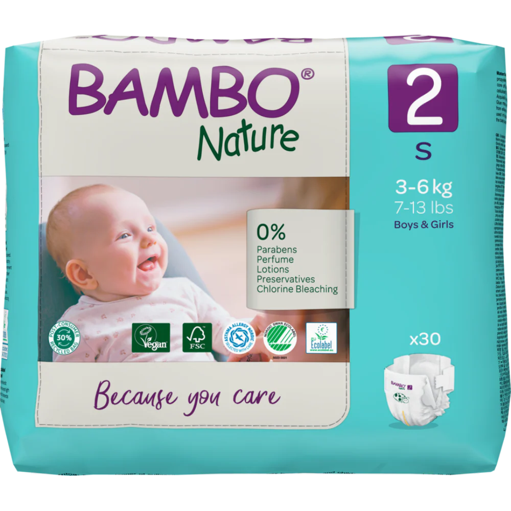 Bambo Nature Premium Baby Tape Diapers for New Born Baby, S Size (3-6 Kgs) - Super Absorbent, Breathable, Extra Soft, Dermatologically Tested, Hypoallergenic Nappies With A Wetness Indicator, 30 Count