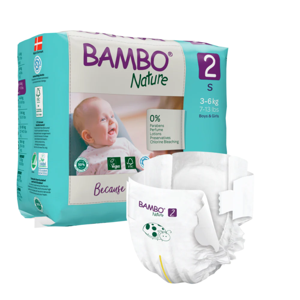 Bambo Nature Premium Baby Tape Diapers for New Born Baby, S Size (3-6 Kgs) - Super Absorbent, Breathable, Extra Soft, Dermatologically Tested, Hypoallergenic Nappies With A Wetness Indicator, 30 Count