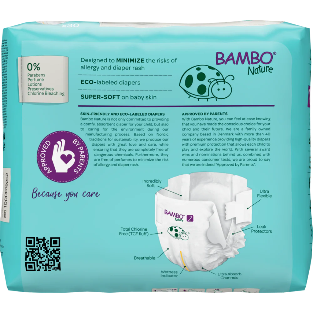 Bambo Nature Premium Baby Tape Diapers for New Born Baby, S Size (3-6 Kgs) - Super Absorbent, Breathable, Extra Soft, Dermatologically Tested, Hypoallergenic Nappies With A Wetness Indicator, 30 Count