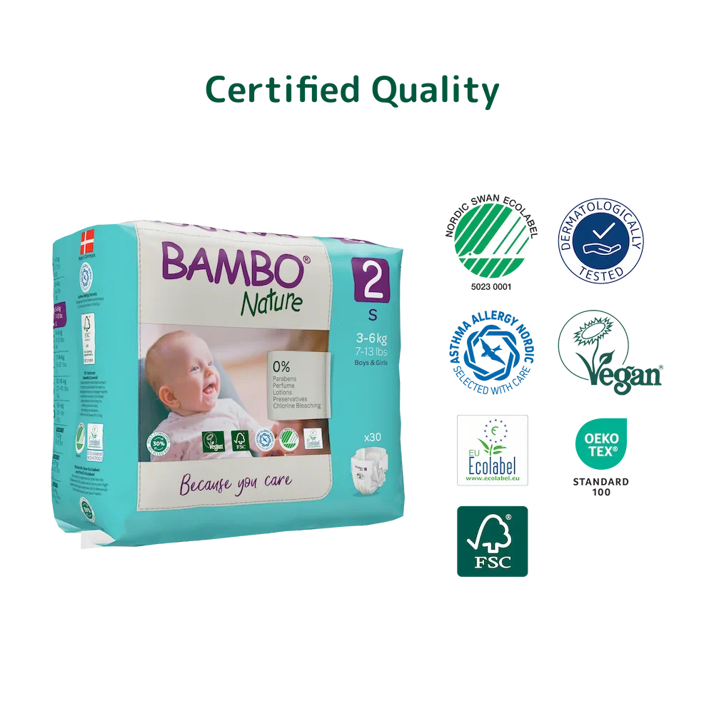 Bambo Nature Premium Baby Tape Diapers for New Born Baby, S Size (3-6 Kgs) - Super Absorbent, Breathable, Extra Soft, Dermatologically Tested, Hypoallergenic Nappies With A Wetness Indicator, 30 Count