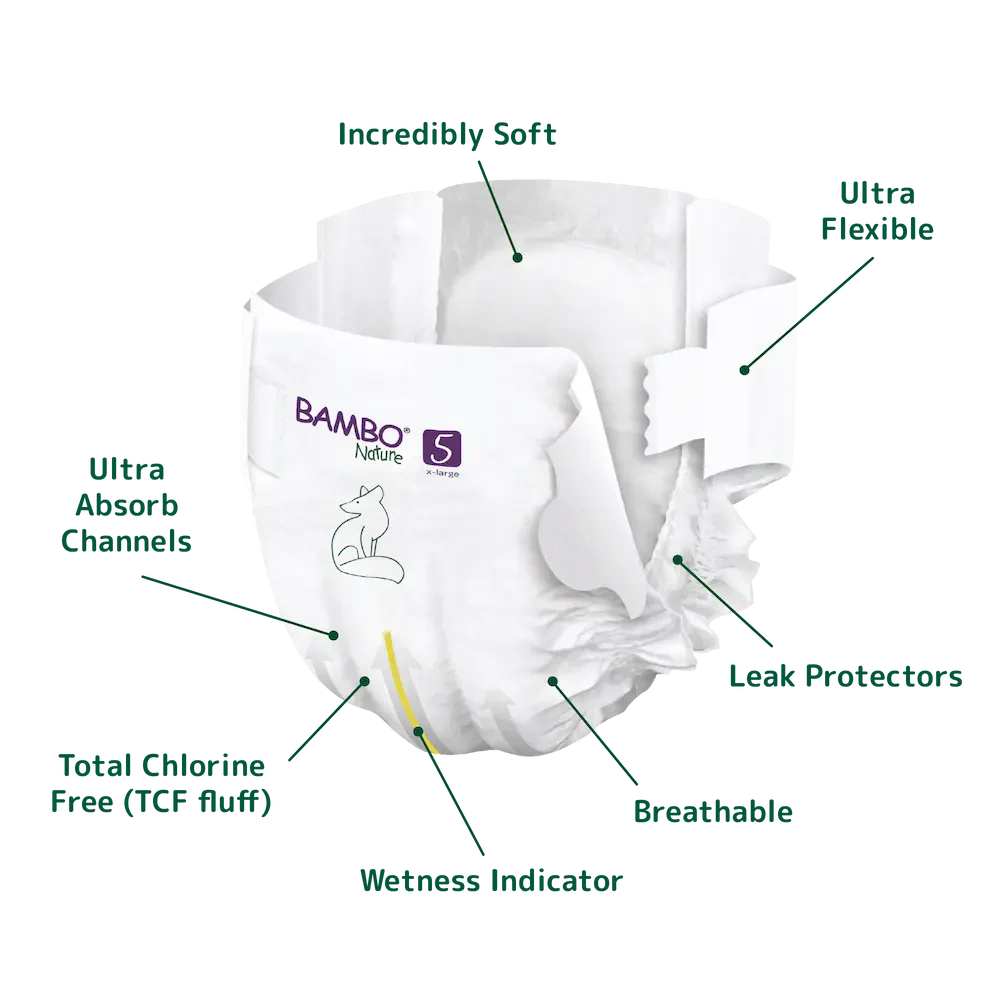Bambo Nature Premium Baby Tape Diapers for Babies, XL Size (12-18 Kgs), Super Absorbent, Breathable, Extra Soft, Dermatologically Tested, Hypoallergenic Infant Nappies With Wetness Indicator