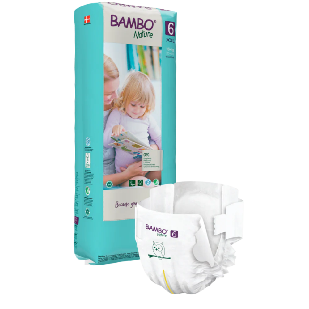Bambo Nature Premium Baby Tape Diapers for Babies, XXL Size (16+ Kgs), Super Absorbent, Breathable, Extra Soft, Dermatologically Tested, Hypoallergenic Infant Nappies With Wetness Indicator 40counts