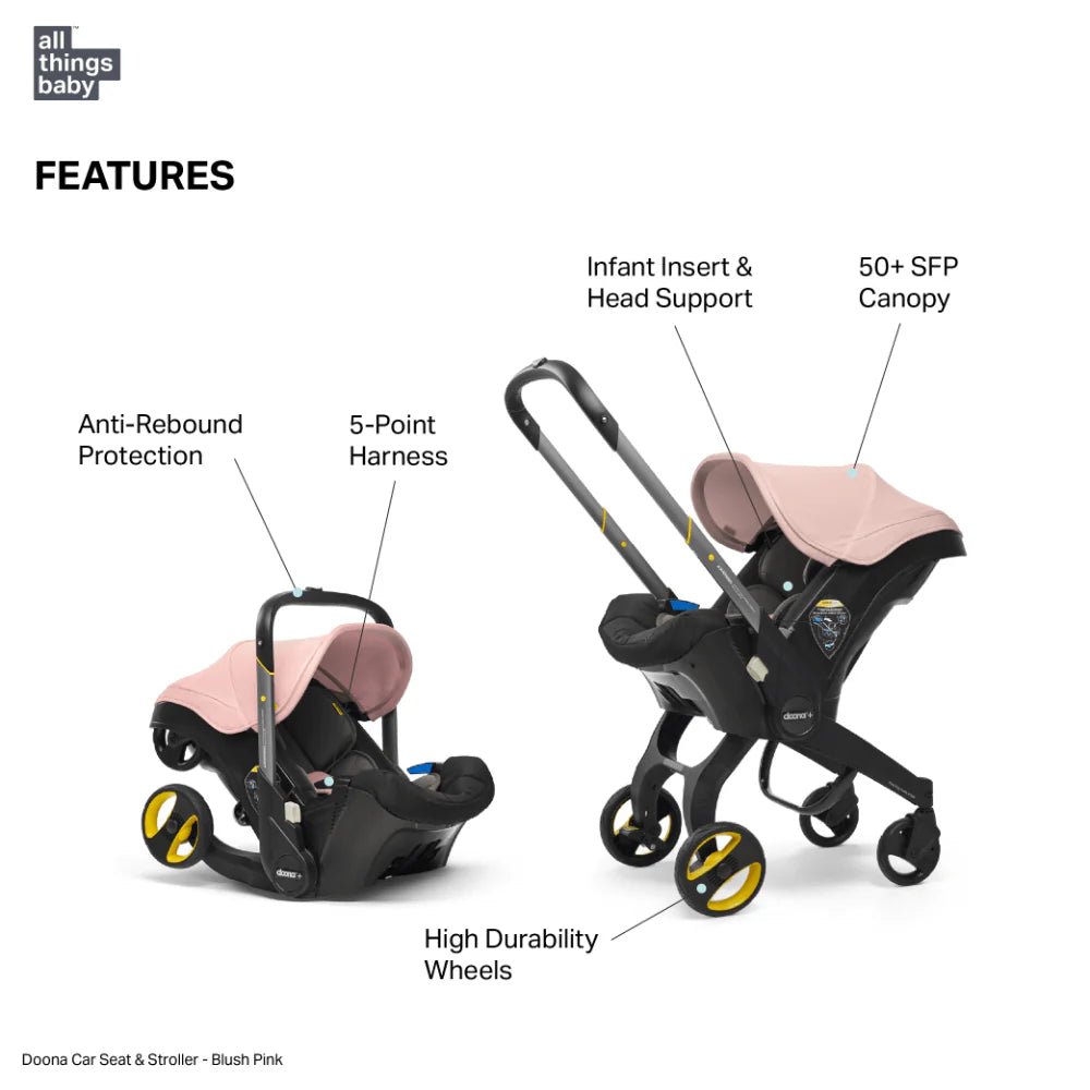 Doona+ Baby Car Seat & Travel Stroller - Convertible Infant Car Seat, Carry Cot and Pram with 5 Point Safety Harness, Ergonomic Pushchair and Travel System (ISOFIX Base Sold Separately)- Blush Pink