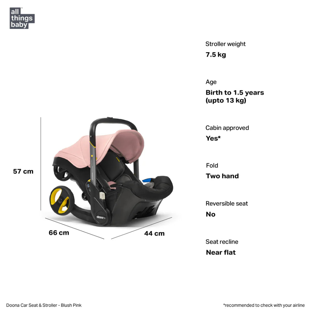 Doona+ Baby Car Seat & Travel Stroller - Convertible Infant Car Seat, Carry Cot and Pram with 5 Point Safety Harness, Ergonomic Pushchair and Travel System (ISOFIX Base Sold Separately)- Blush Pink