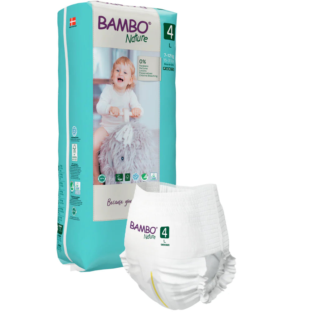Bambo Nature Premium Baby Pants Diapers for Babies, Large Size (7-12 Kgs), Super Absorbent, Breathable, Extra Soft, Dermatologically Tested, Hypoallergenic Infant Nappies With Wetness Indicator 40counts