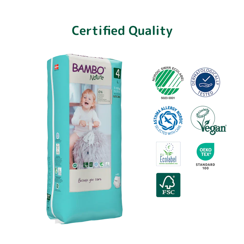 Bambo Nature Premium Baby Pants Diapers for Babies, Large Size (7-12 Kgs), Super Absorbent, Breathable, Extra Soft, Dermatologically Tested, Hypoallergenic Infant Nappies With Wetness Indicator 40counts
