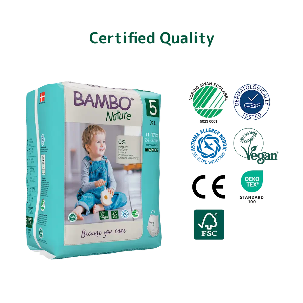 Bambo Nature Premium Baby Pants Diapers for Babies, XL Size (11-17 Kgs), Super Absorbent, Breathable, Extra Soft, Dermatologically Tested, Hypoallergenic Infant Nappies With Wetness Indicator