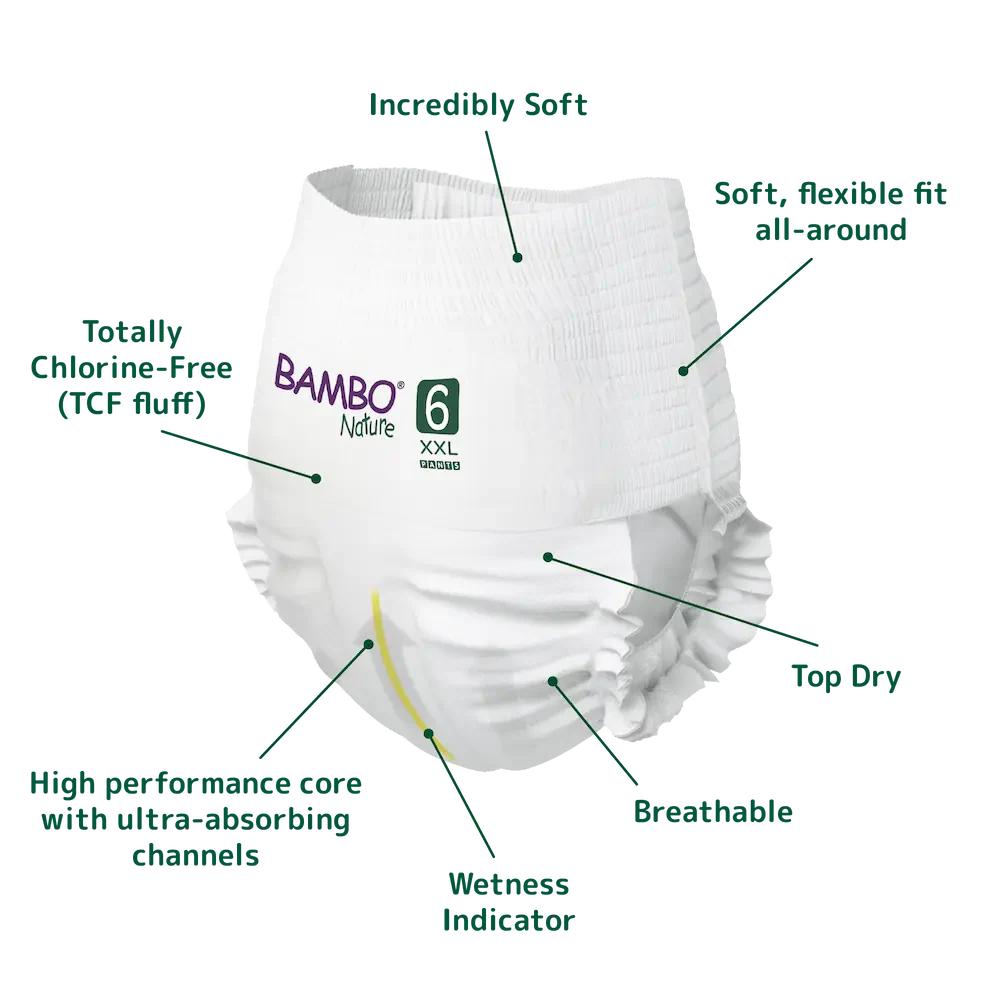 Bambo Nature Premium Baby Pants Diapers for Babies, XXL Size (15+ Kgs), Super Absorbent, Breathable, Extra Soft, Dermatologically Tested, Hypoallergenic Infant Nappies With Wetness Indicator 38counts